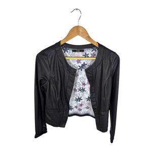 Zuiki Black Faux Leather Jacket Floral Lining Long Sleeve Sz Medium